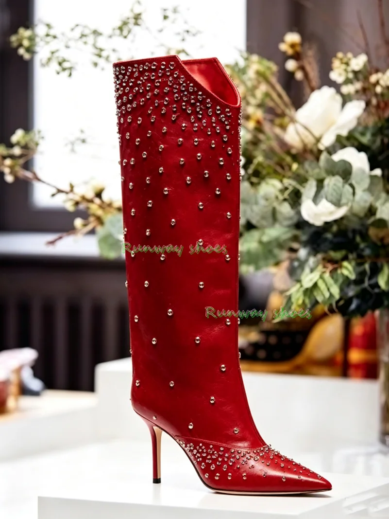 Red Suede  Knee Boots Silver Studded Decor Pointed Toe Stiletto High Heels Slouch Thigh High Boots Club Party Boots Fashion
