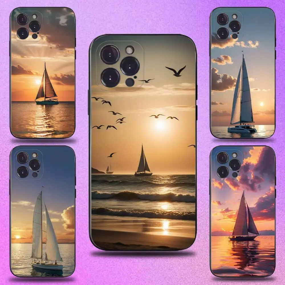 

Yacht Sailing Sunset Phone Case For iPhone 17,16,15,14,13,12,11 Plus,Pro Max,XS,X,XR,SE,Mini,8,7,Soft Silicone Black Cover