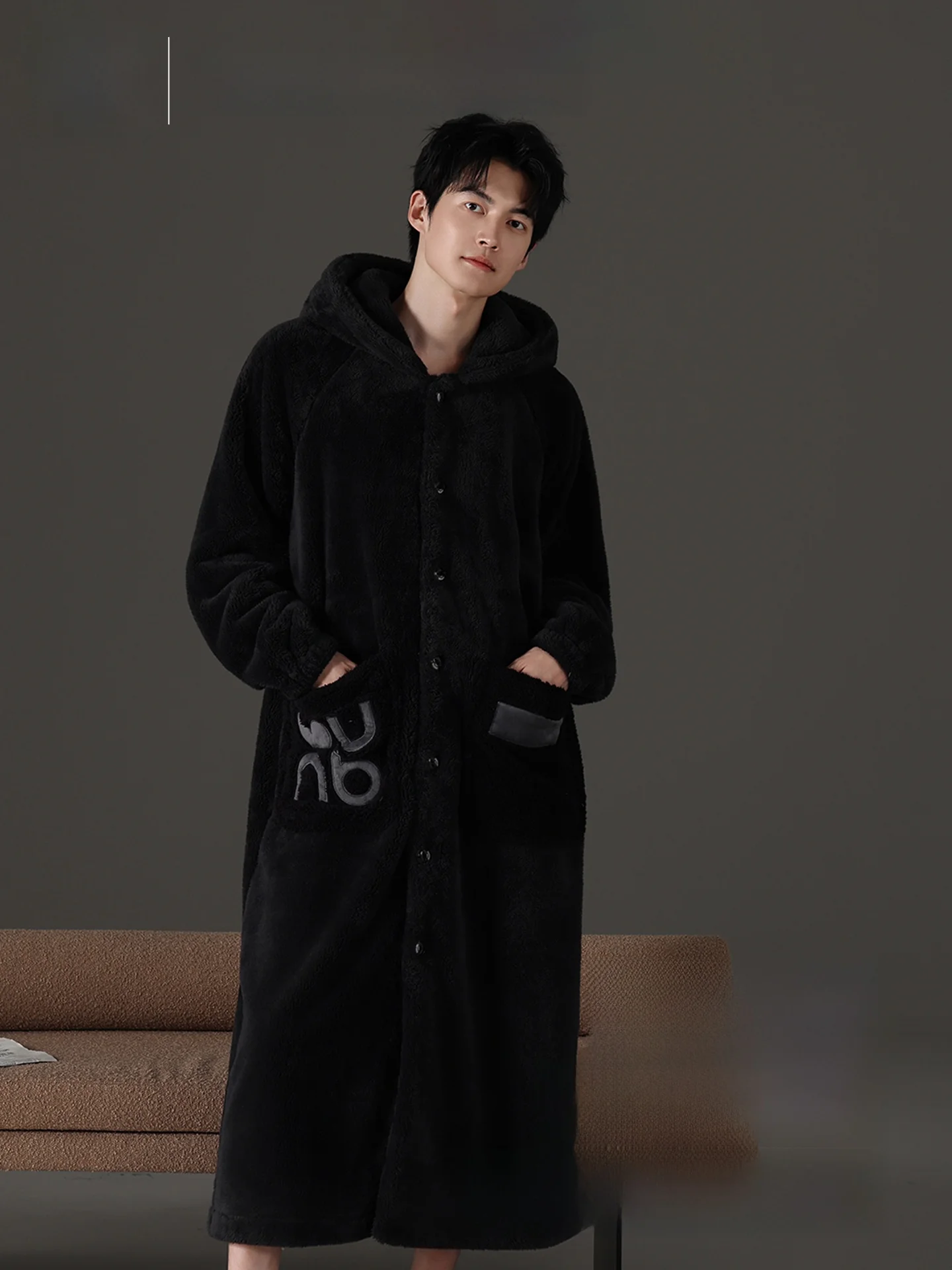 Men's Thickened Flannel Robe Winter Warm Hooded Long Coral Fleece Pajamas Simple Bathrobe Set Polyester Fiber Pure Color