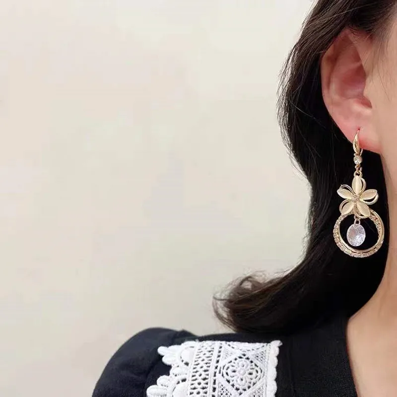 New Fashion Elegant Opals Flowers Pendant Earrings For Women Girls Golden Round Crystal Zircon Wedding Earrings Jewelry Gift image 5