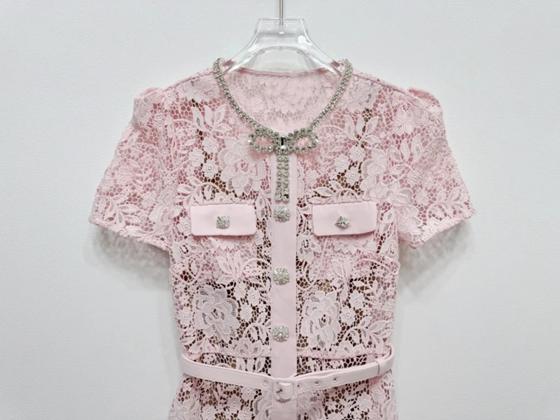 High Quality 2024 Autumn New Women Lace Midi Dress Diamonds Bow Pink Floral Crystal Short Sleeve Single Breasted Party Dresses