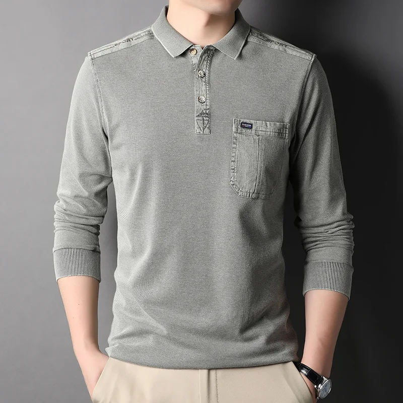 

1161 Spring New Fashion Polo Shirts For Men Korean Style Lapel Solid Color Cotton Pockets Long Sleeve Business Casual Male Tops