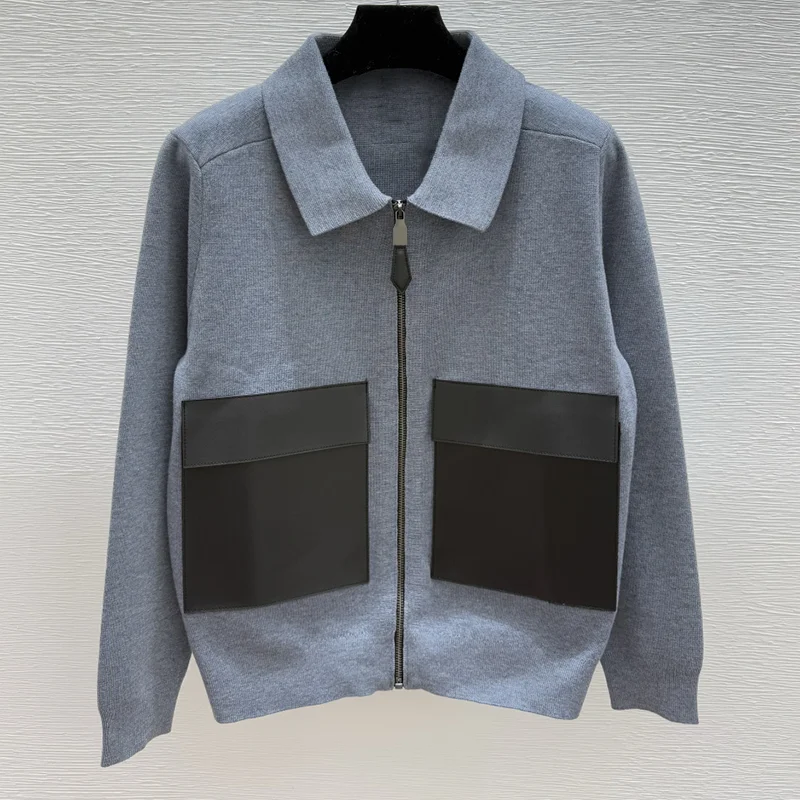 

High-quality fashionable wool patchwork leather color-block logo metal zipper women's cardigan luxury sweater 251004209