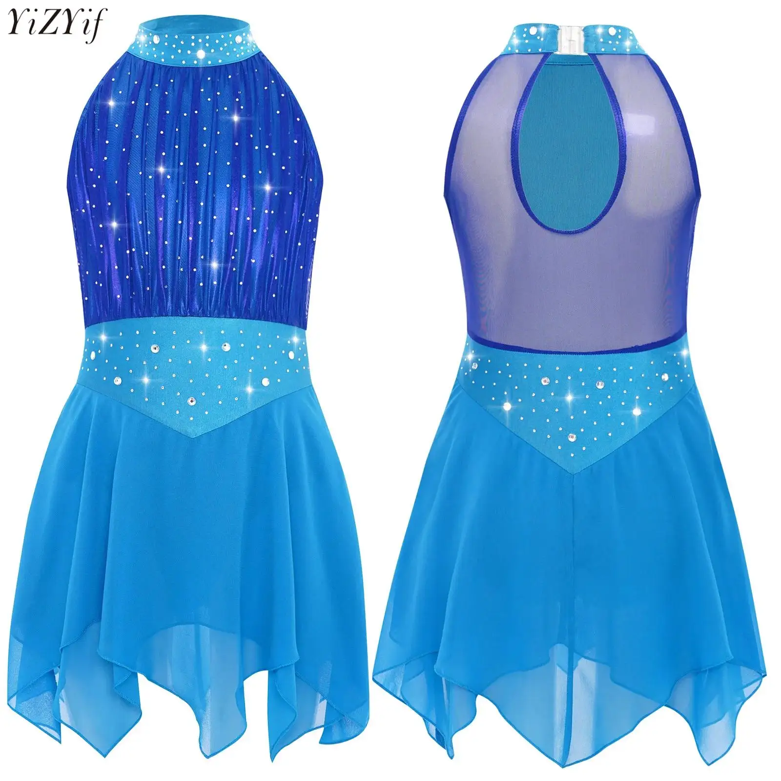 

Kids Girls Lyrical Ballet Dance Dress Chiffon Sleeveless Shiny Rhinestones Metallic Mesh Irregular Dress Ballerina Dancewear