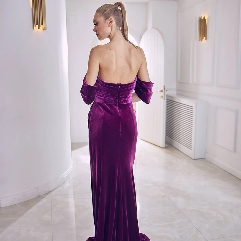 Thinyfull Formal Mermaid Prom Dresses Off The Shoulder Velvet Evening Dress Beadings Side Slit Cocktail Party Gowns Plus Size