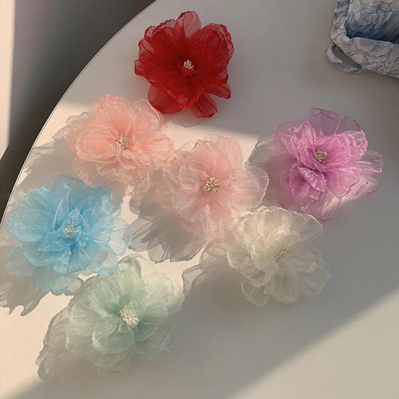 1PC Organza Flowers Hair Clips Women Fashion Flower Hair Card Organza Handmade Simulated Hairpins Headwear Hairs Accessories