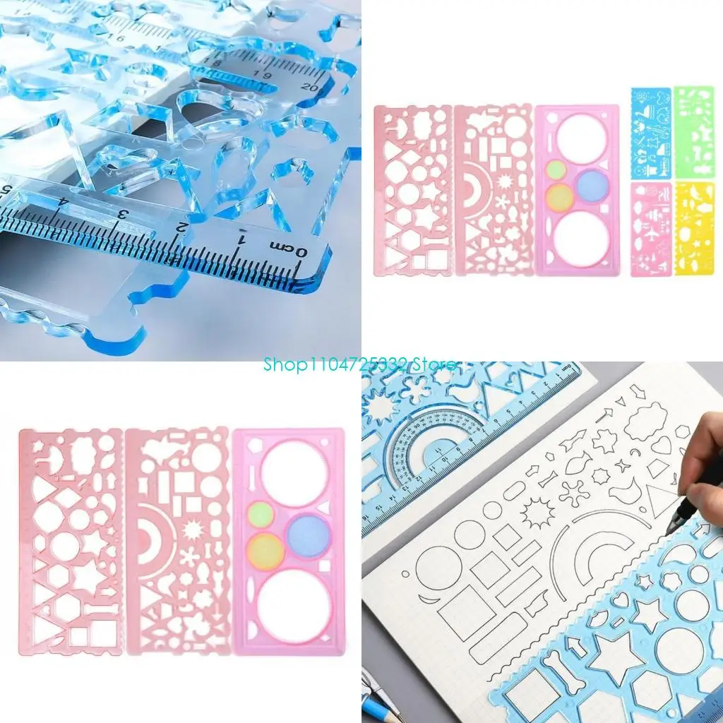 P5EA Geometric Drawing Templates Plastic Rulers Multi-Function Measuring Rulers