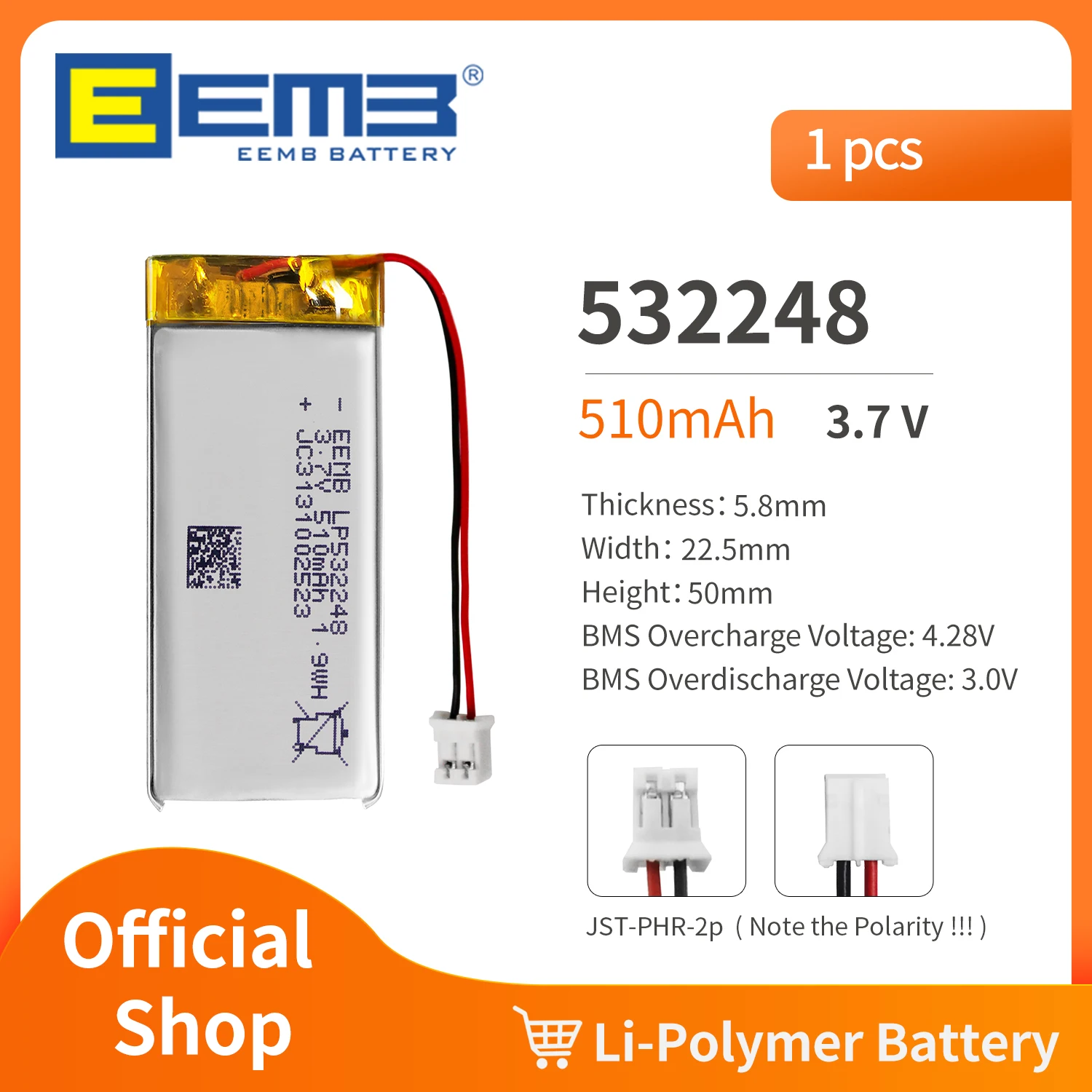 EEMB 532248 3.7V Battery 1500mAh Rechargeable Lithium Polymer Battery Pack For Dashcam,Flashlight,Bluetooth Speaker, GPS,Camera