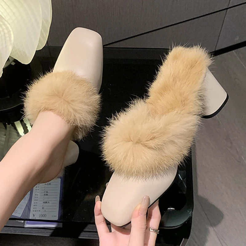 Winter Women Fur Shoes Elegant Fashion Closed Toe Mules 5cm High Heel Height Shoes Lady Sexy Chunky Soft Warm Slippers 35-39