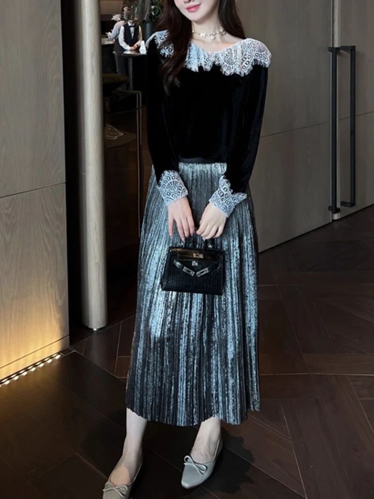 Metallic Silver Pleated Midi Skirt for Women Shimmer High Waist A-Line Skirt, Elegant Flowing casual/Party Skirt Good Quality