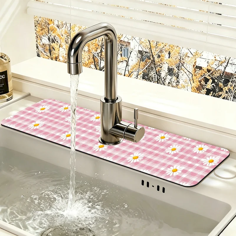 VIKAMA Fresh Pink Grid Daisy Printed Faucet Pad, Kitchen Absorbent Anti Slip Pad, Minimalist Faucet Pad, Home Decoration