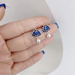 Classic 925 Silver Blue Lotus Flower Earrings for Women Fresh Vintage Art Enamel Tassel Short Earings Stud Party Jewelry Gifts