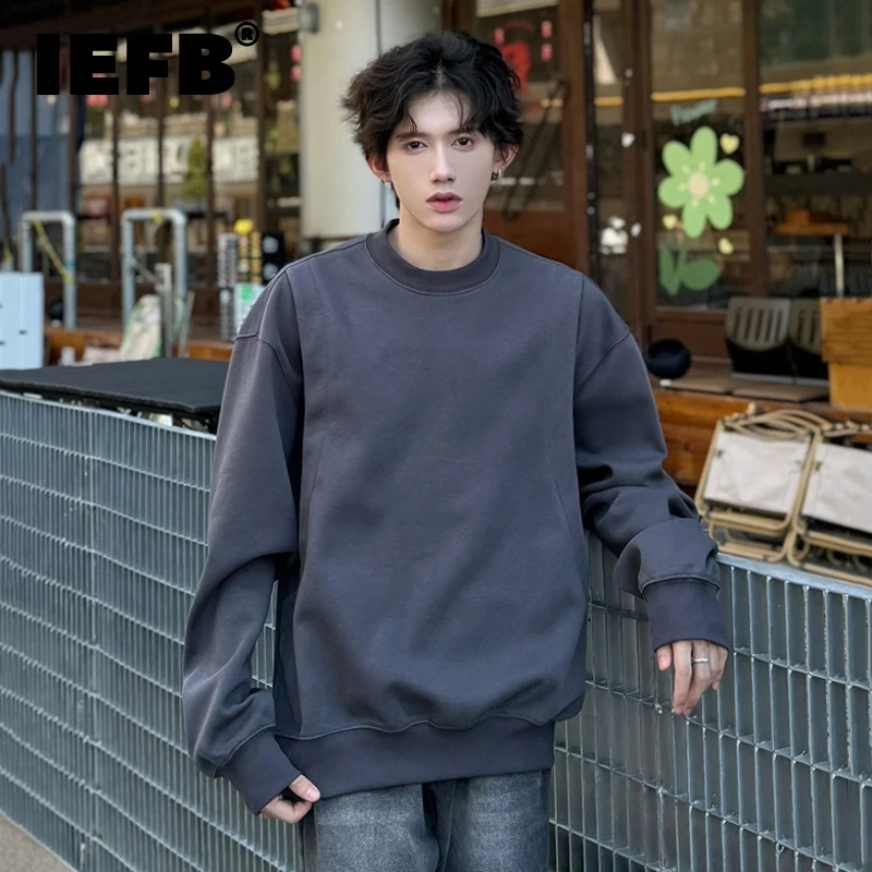 

IEFB Minimalist Men's Sweatshirts Round Collar Solid Color Autumn Pullover Casual New Short Male Tops Korean Style 2024 9C7120