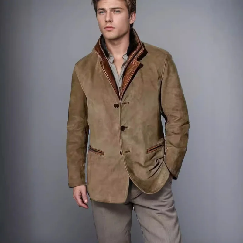 

Spring and Autumn New Men's Fashion Retro Jacket Men's Casual Coat Lapel Tooling Stitching Contrast Color Top