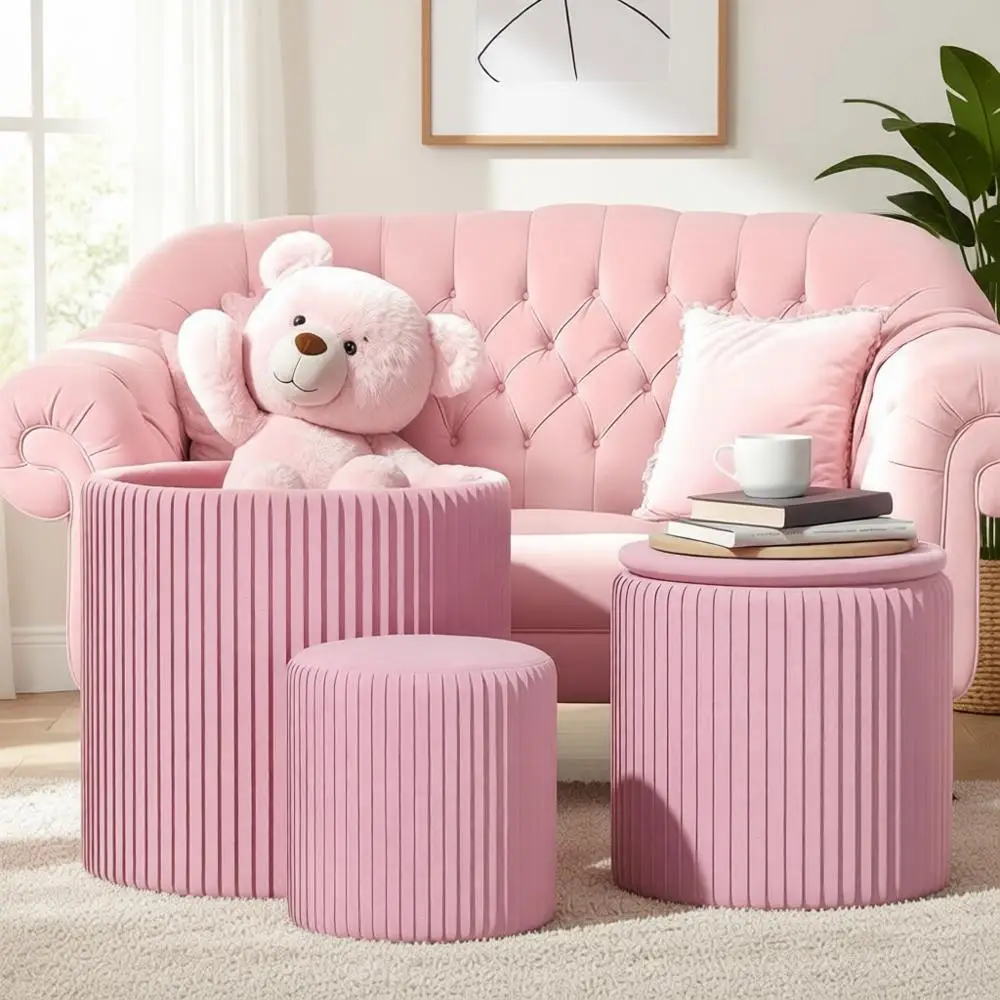 

Round Storage Ottoman Set of 3, Vanity Storage Stool for Bedroom, Small Velvet Footstool for Living Room