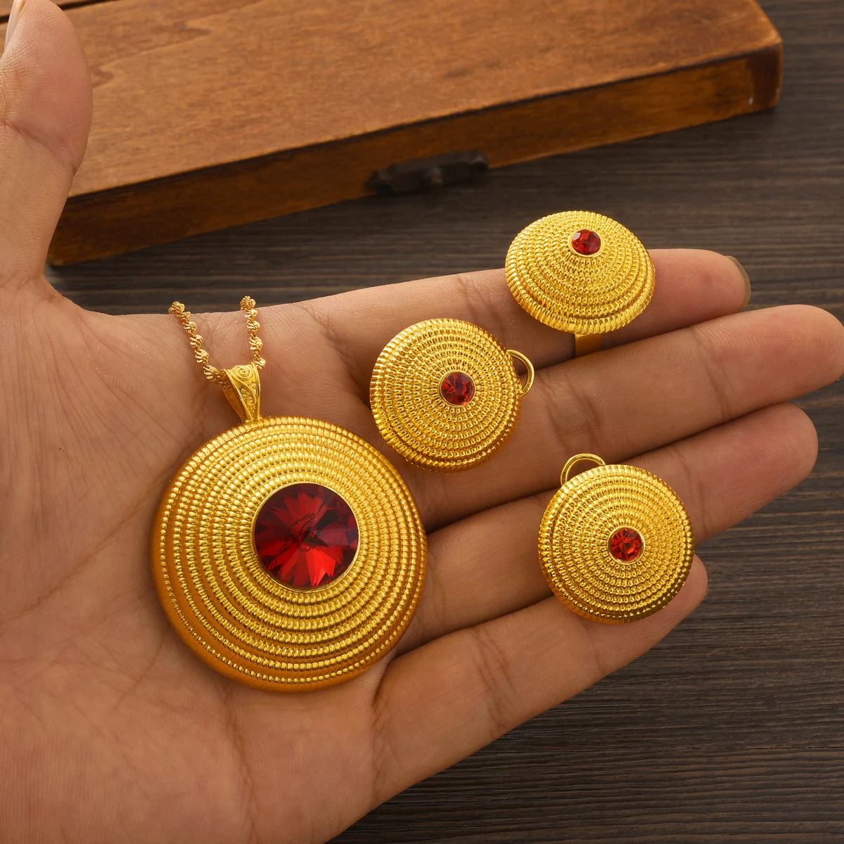 Gold Color Round Red Zirconia Jewelry Set Middle East Dubai Pendant Necklace Ring Earring Arab Ethiopian Bride Wedding party