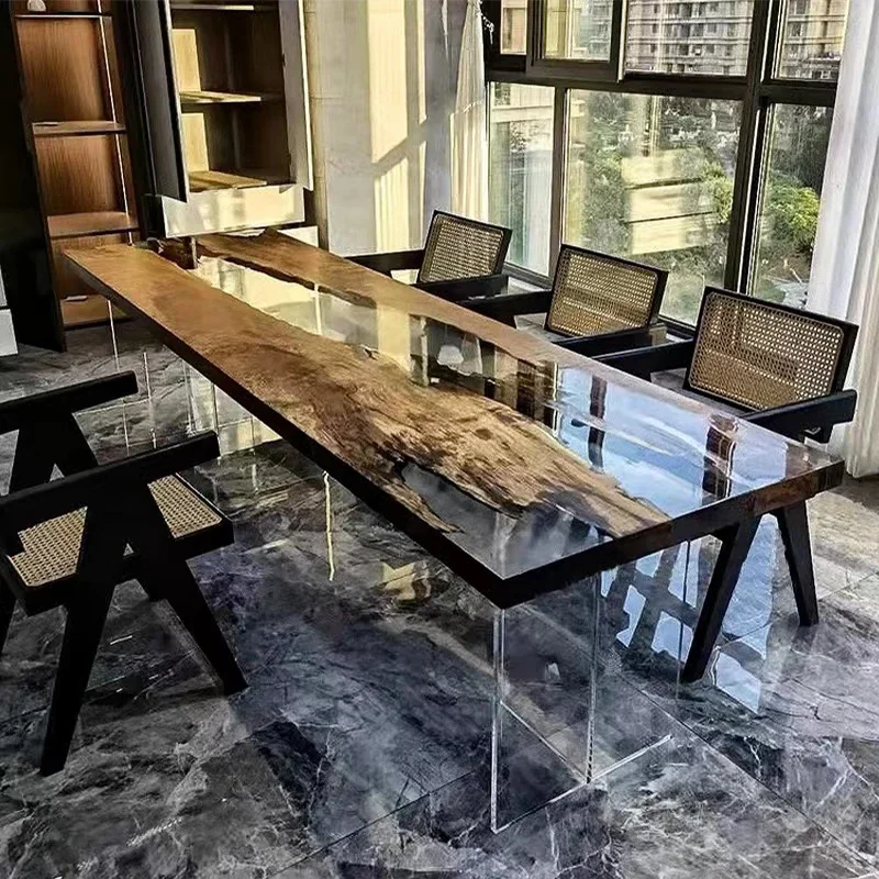 

Resin river table Okan log solid wood large board table tea light luxury tea table Ba Hua simple desk walnut