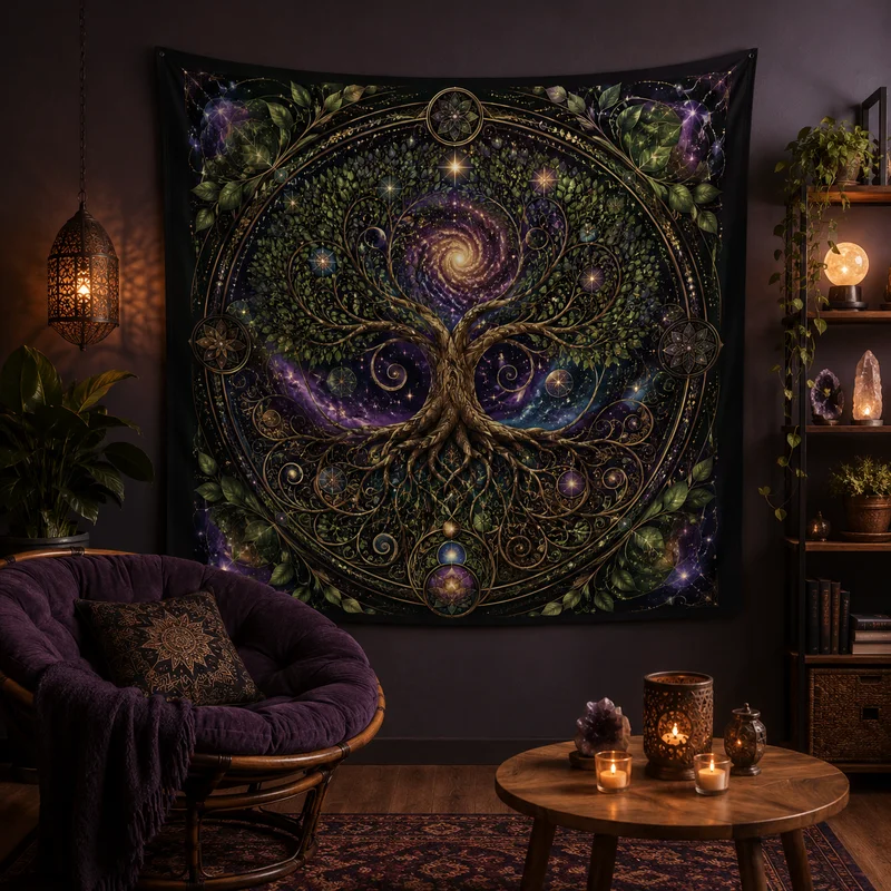 VIKAMA Tree Of Life Tapestry Cosmic Galaxy Sacred Geometry Moon Planet Golden Root Wall Hanging Witchy Spiritual Bedroom Decor