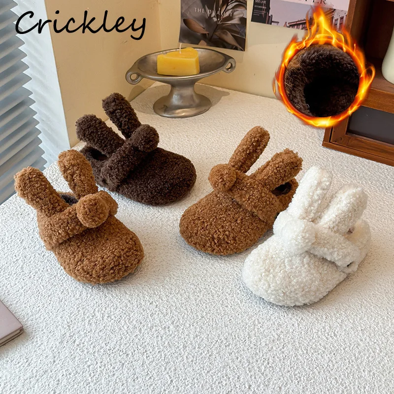 

Rabbit Cute 3D Girls Flats Shoes Autumn Winter Fleece Solid Bunny Two Ways Kids Slides Warm Anti Slip Children Fashion Shoes