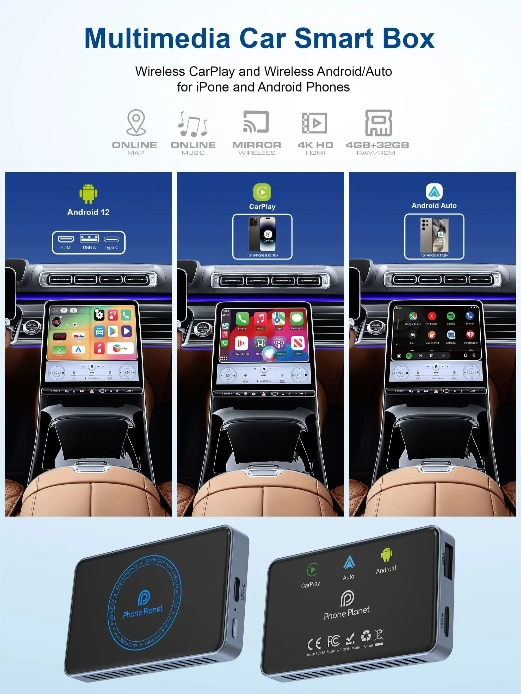 جديد 4K Smart Wireless CarPlay 4GB+32G Android Goole Stroe يدعم Netflix YouTube Ai Box مع HDMI يدعم ترقية OTA عبر الإنترنت