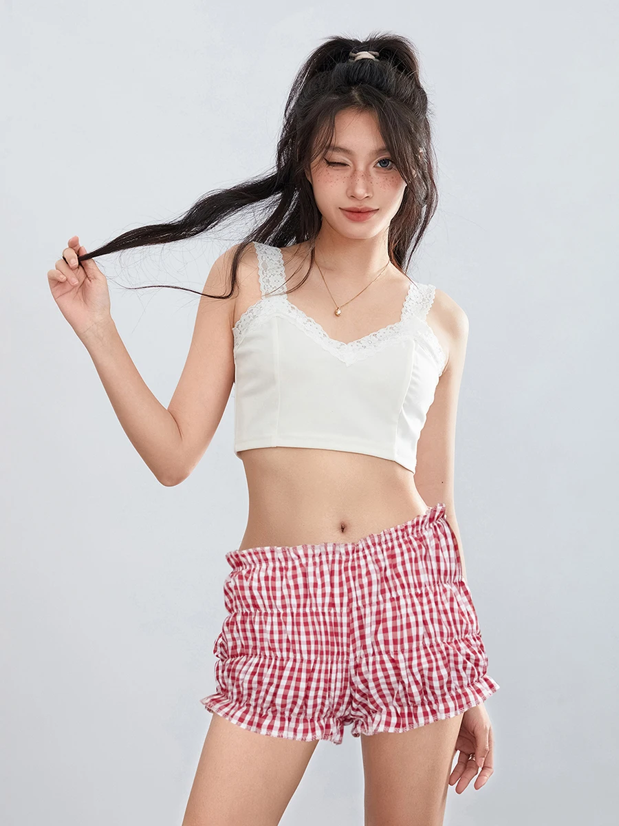 Casual Pyjamabroek Voor Dames Zomer Met Ruches En Strik Plaid Schattige Mini Bloeiers Broek Gingham Boxershort Loungewear