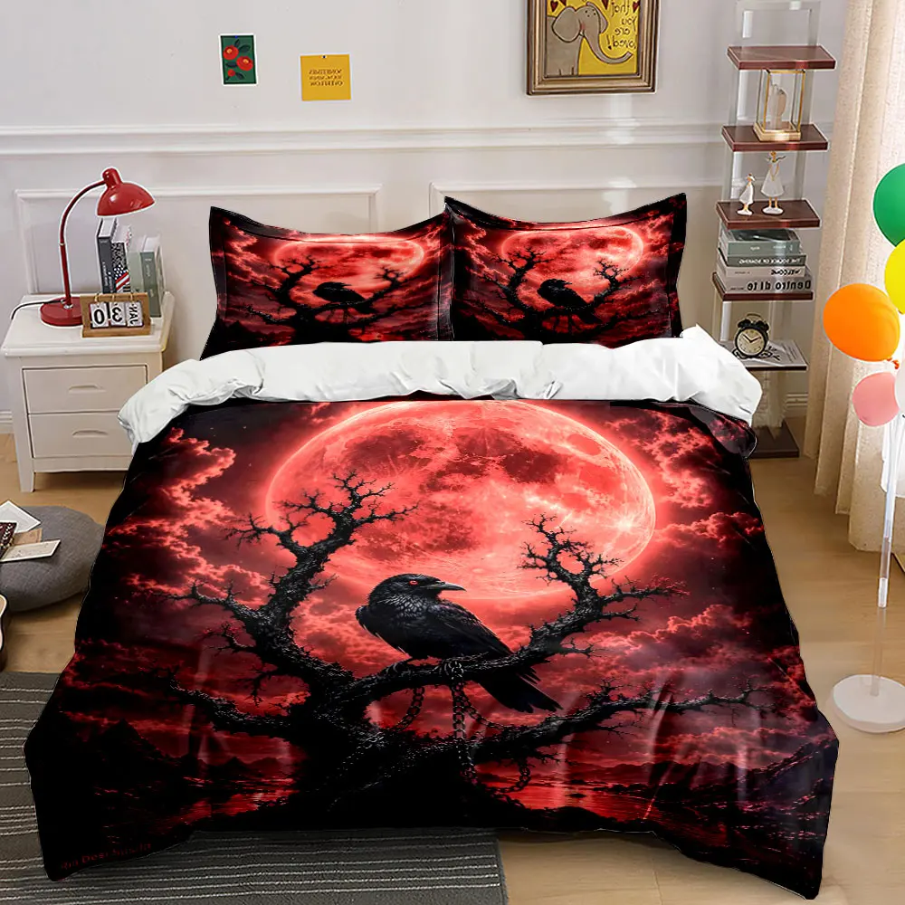 Dark Gothic Moonlit Raven Tree Print Bedding Set 1 Duvet Cover 2 Pillowcases for Adult and Children Luxury Gift Full Size