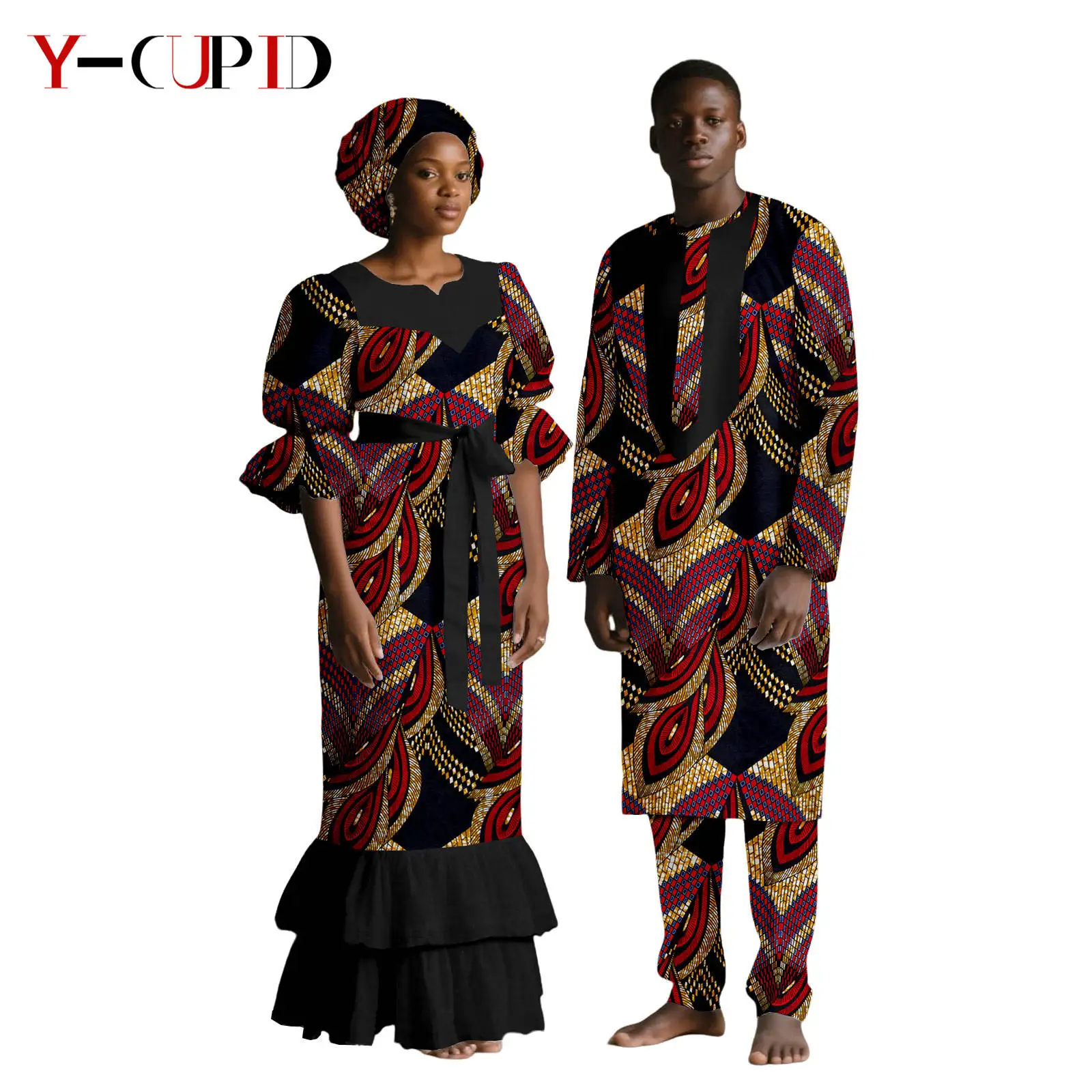 فساتين مطبوعة أفريقية مع غطاء للرأس للنساء أطقم ملابس علوية وسراويل متطابقة للرجال ملابس بازان الثراء الأفريقية للزوجين 25C079 #1