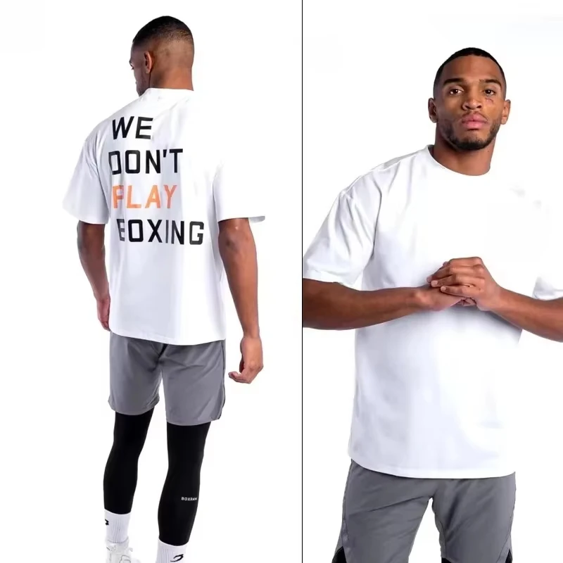 Two Tone Letter Graphic Oversized T-shirt Men Contrast Sports Text Print Black Cotton Casual Boxing Workout Short Sleeve Tee
