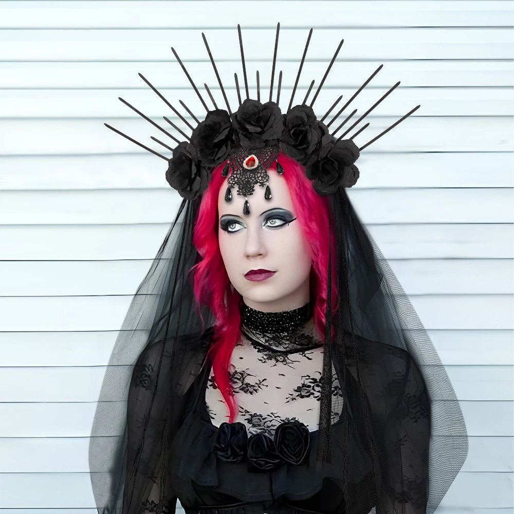 할로윈 파티 여왕 꽃 Hairhoop 레트로 메쉬 할로윈 머리띠 라인 석 고딕 베일 로즈 긴 신부 헤어 밴드 유령의 집