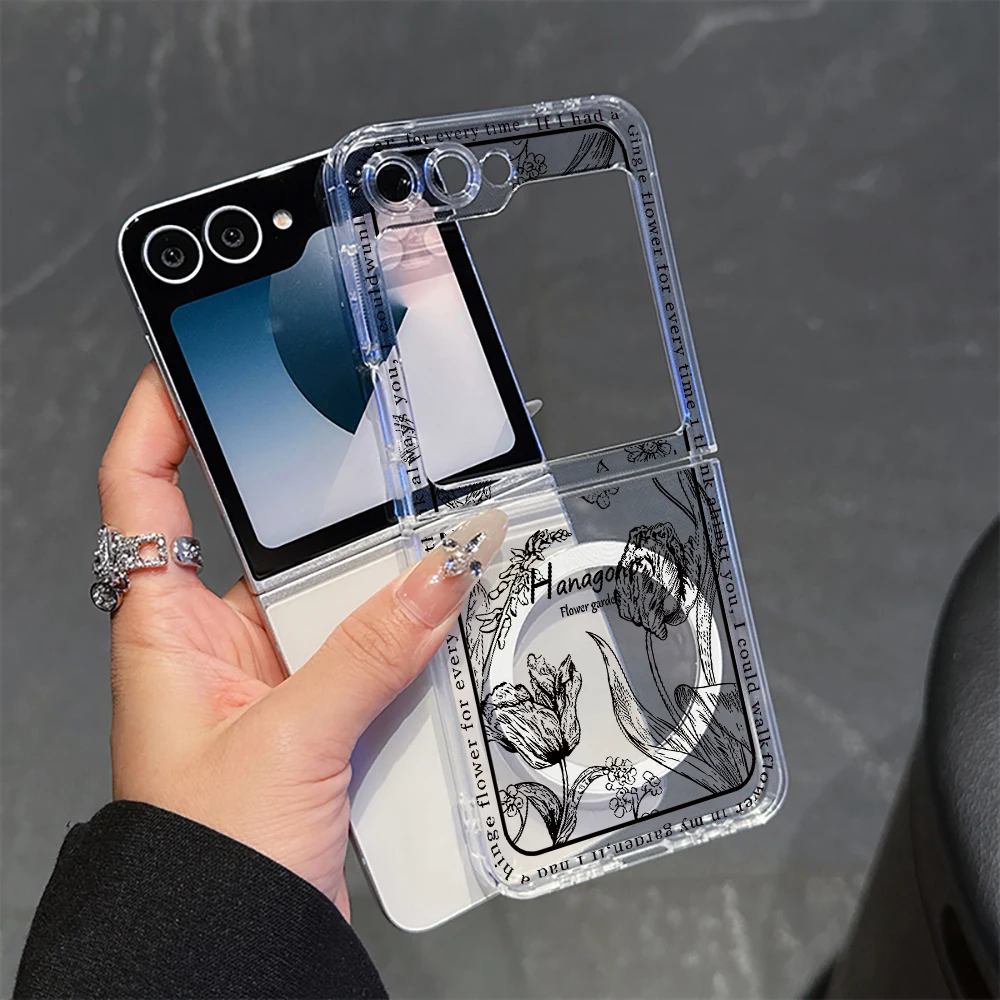 Fashion Ins Flowers Wireless Charge For Magsafe Magnetic Phone Case for Samsung Galaxy Z Flip 6 5 ZFlip 4 3 Flip6 Flip5 5G Cover