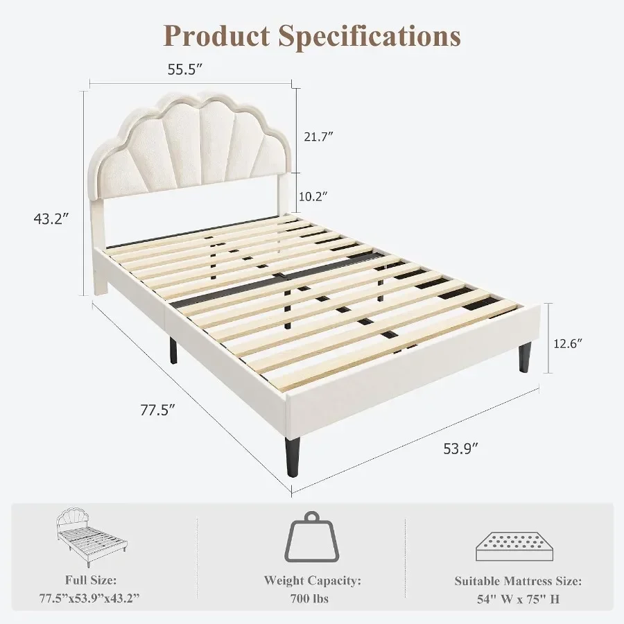 Upholstered LED Full Bed Frames with Velvet Seashell Headboard, White
