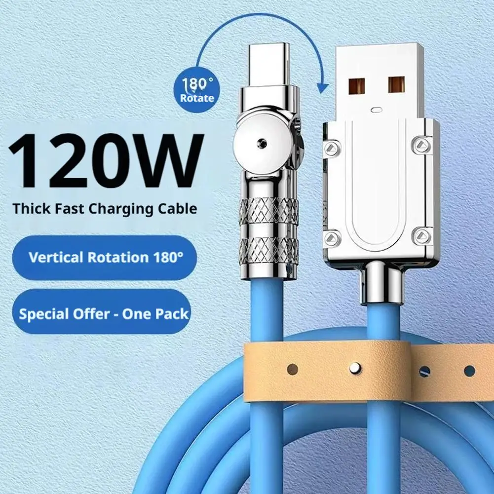120W Type C Charging Cable Length Zinc Alloy 180 Rotating Elbow Design Smart Safe Charging Built in Fast Charge Data Cable
