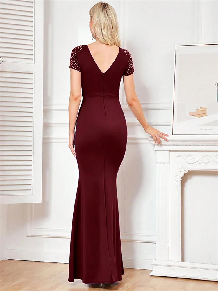 فستان سهرة رسمي أنيق برقبة دائرية مطرز بالخرز باللون الأحمر حورية البحر 2025 نسائي بأكمام قصيرة للحفلات ماكسي طويل فساتين كوكتيل فاخرة