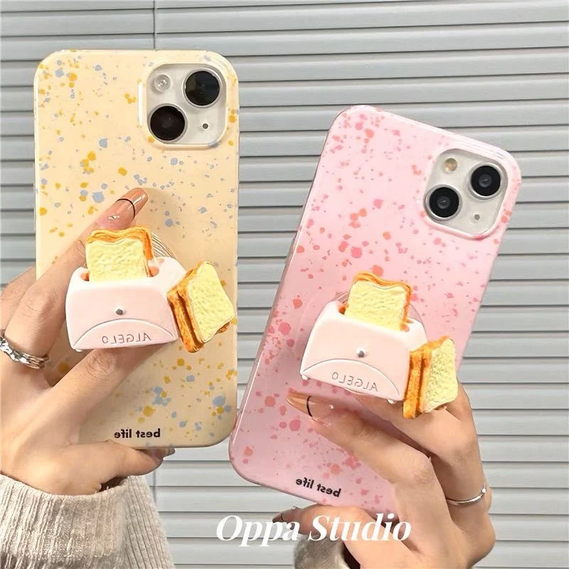 

3D Bread Phone Case for Iphone 14 13 12 11 Pro Max X XS Max XR Toast Stand Model INS Pink Silicone Full Coverage Phone Cover