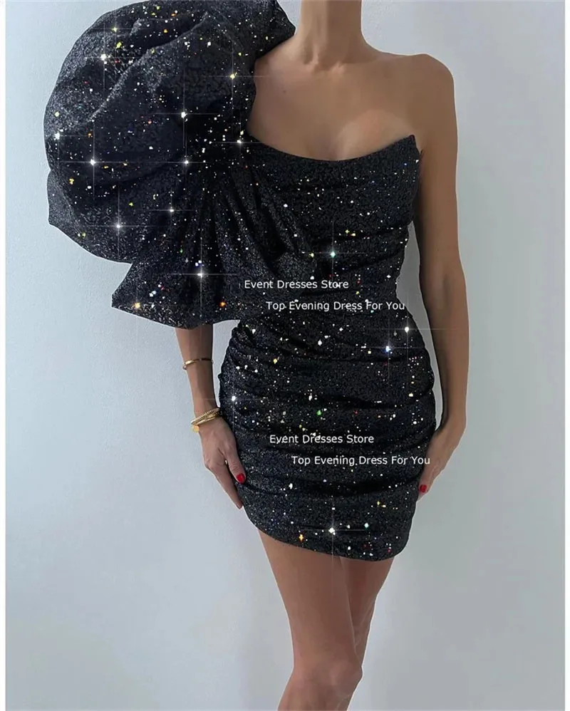 LISM Glitter One Shoulder Evening Dresses Puff Sleeves Mini Cocktail Dresses Night Club Prom Dresses Formal Birthday Party Gowns