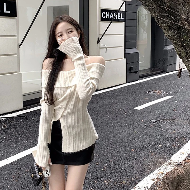 Vintage Button Up Solid Elegant Women Slash Neck Long Sleeve Knitted Sweater