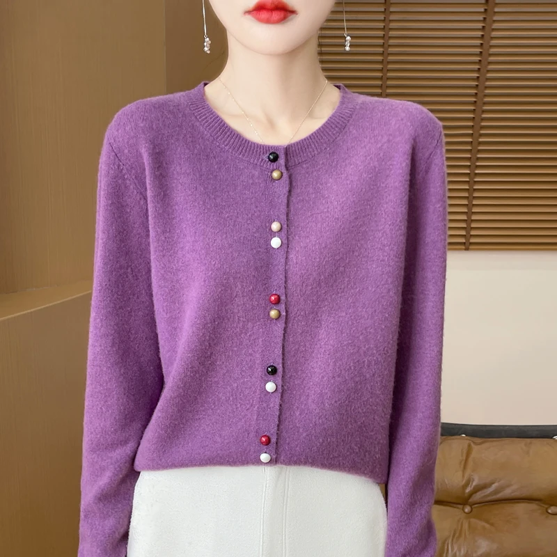 2024 Autumn New Knitted Wool Round Neck Cardigan Women's Knitted Coat Color Buckle Thin Long Sleeve Top