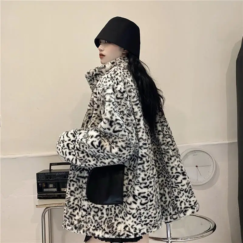 PU Leather Jacket Women Fleece Autumn Winter Streetwear Leopard Print Jacket Reversible Windproof Motorcycle Jacket Warm Thick