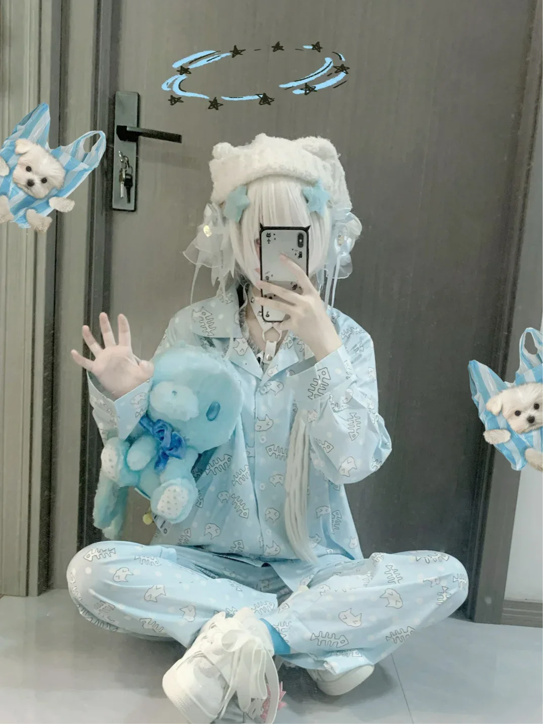 Original Water Color Cute Pajamas Girl Women's Subcultural Cat Paws Cat Head Ice Silk Long-sleeved Shirt and Pants Sleepwear Set