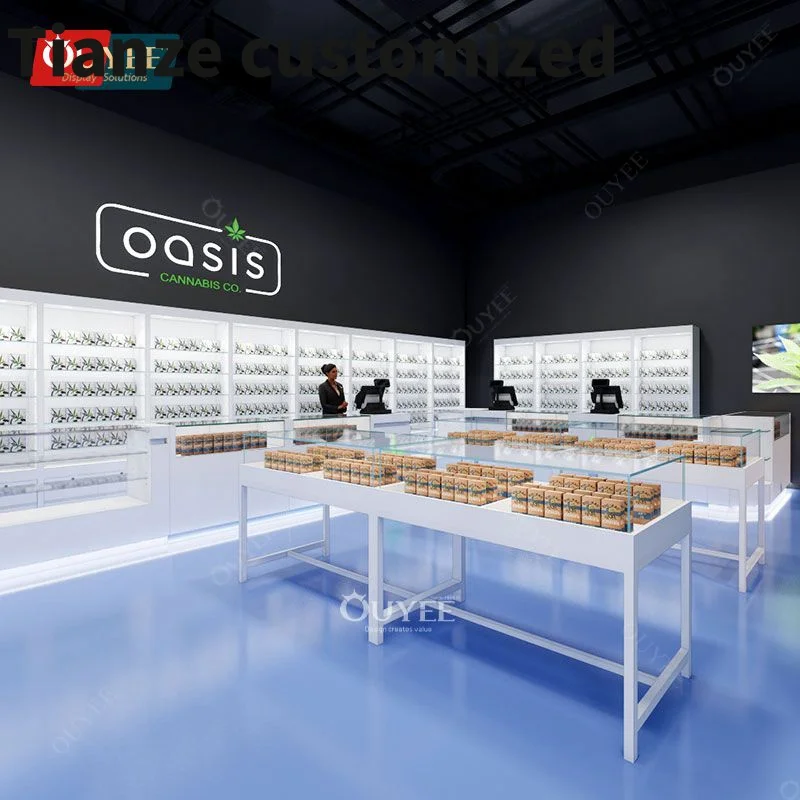 Customized-Store Display Cabinet Wooden Display Stand Tempered Glass Showcase Dispensary Shelves Smoke Shop De