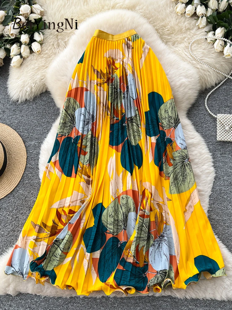 Beiyingni Vintage Printed Casual Skirts Women Trendy Elastic High Waist Long Maxi Skirt Female Summer Korean Large Hem Faldas