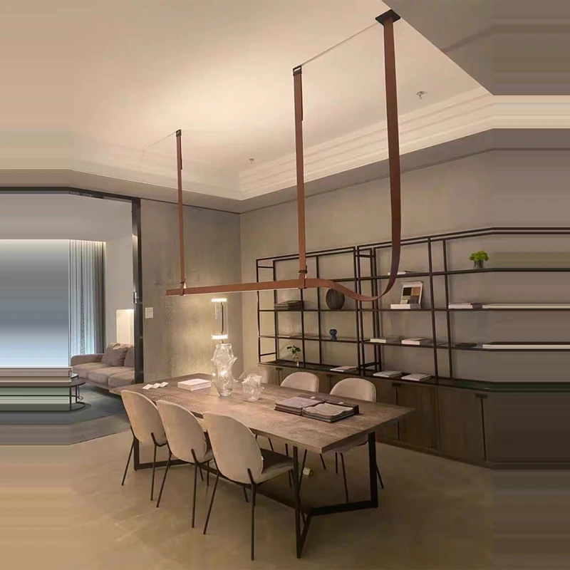 Brown Dark Leather Belt Dimmable LED Ceiling Chandelier Lighting Pendant Light Hanging Lamps Lustres For Dinning Room
