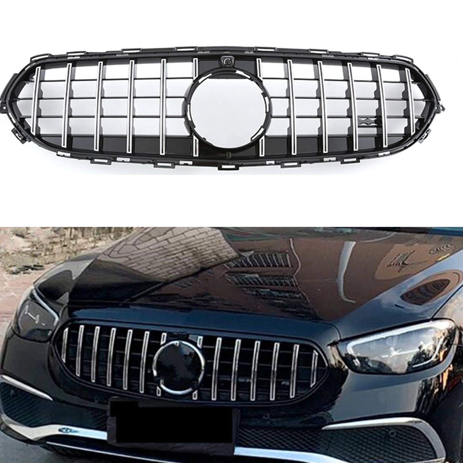 Front Grille Upper Bumper Hood Mesh Racing Grill W/Camera Hole For Mercedes Benz E Class W213 2021-2022 Style GT Advance Ver