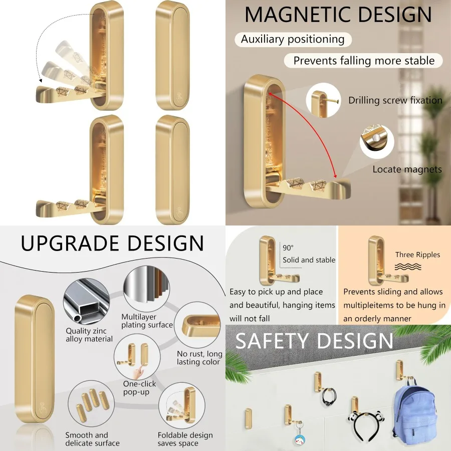 

4 шт. складные золотые настенные крючки сверхмощные складные настенные крючки из цинкового сплава для ванной комнаты, кухни, спальни, настенное крепление, скрытый крючок для одежды