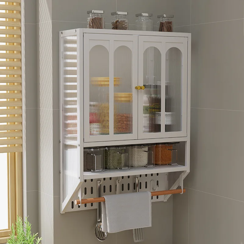 Kitchen seasoning rack DIY hole board wall-mounted non-punching wall-mounted storage cabinet with magnetic suction cabinet door
