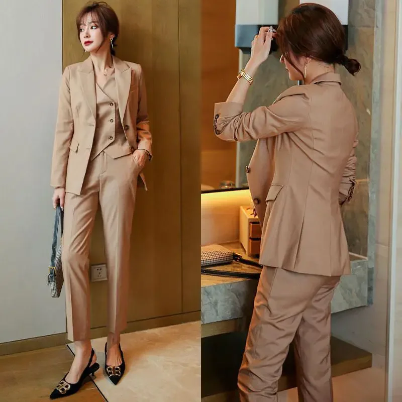 Khak Wear To Work Business Professional Blazer and Trouser Suit Womens 2 Pant Setsi Office Outfit Formal Luxury Comfortable Xxl