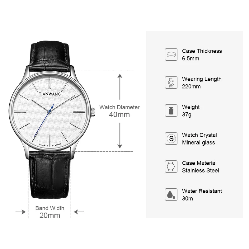 Watches For Men Quartz Wristwatches Simple Vintage Leather Watch TIAN WANG 40mm Dial Waterproof Casual Male Clocks Gifts For Men