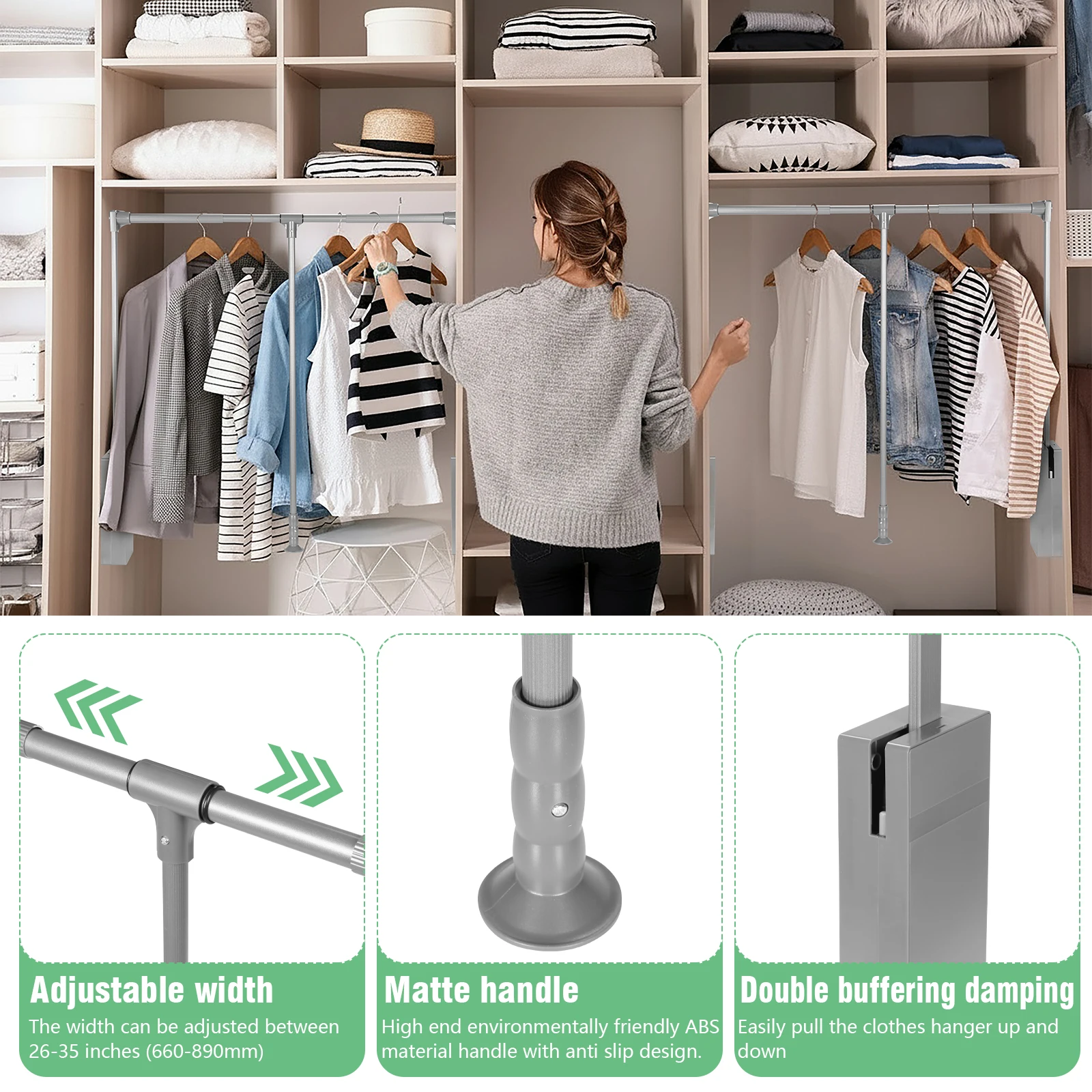 

Комплект из 2 штанг для шкафа с боковым креплением, регулируемой шириной и механизмом возврата, нагрузка до 27 кг, для подвешивания одежды в шкафу