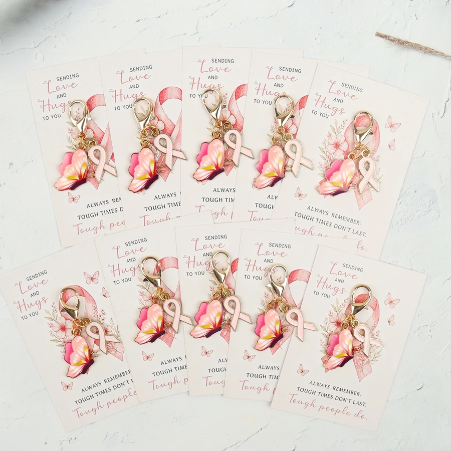 5 Pieces/10 Pieces Pink Ribbon Butterfly Keychains, Encouraging Inspirational Greeting Cards, Women's Gratitude Gifts, Suitable as Inspirational Gifts for Girlfriends and Best Friends.