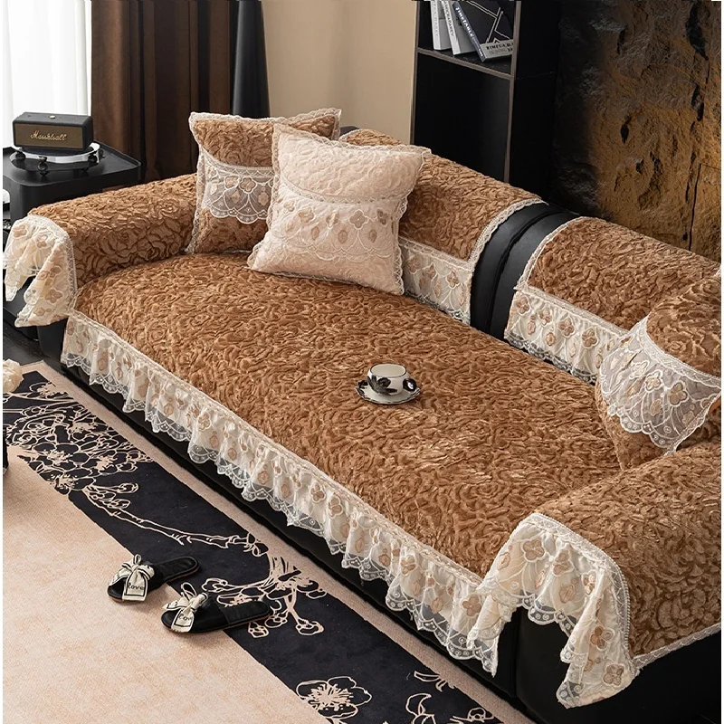 

Lace Rose Velvet Sofa Cushion Thickened Seat Non-slip Sofa Cover Towel Nordic Style Romantic Living Room Furniture Cover Decor